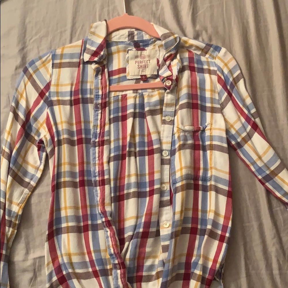 red, white, blue, yellow flannel